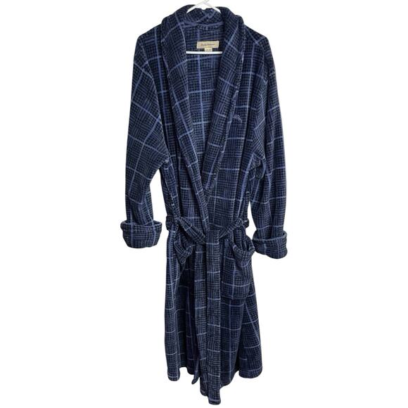 Tommy Bahama Plush Robe Mens L/XL Blue Plaid Fleece Belted Embroidered Logo Long - Picture 2 of 10